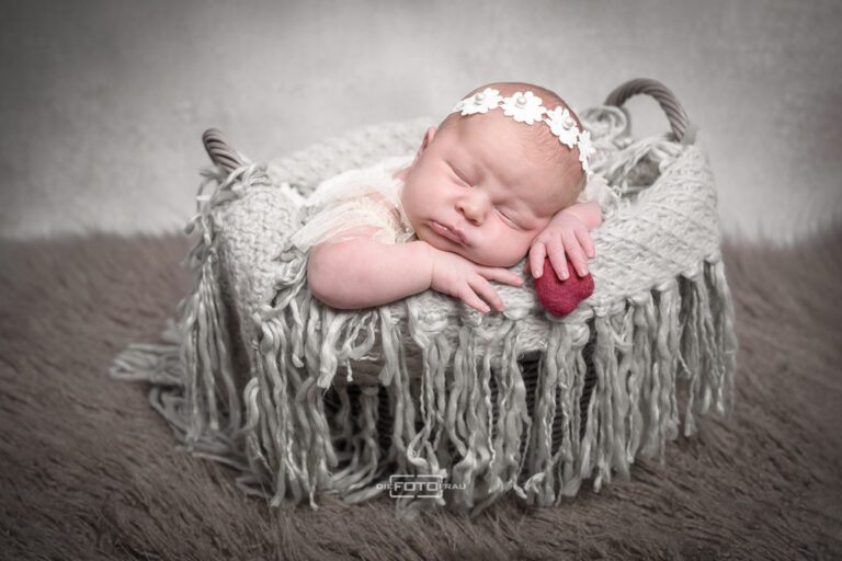 Neugeborenenfoto mit schlafendem Baby in einem Korb, gebettet auf hellgrauen Wolltüchern, das Baby hält ein rotes Wollherz in der Hand