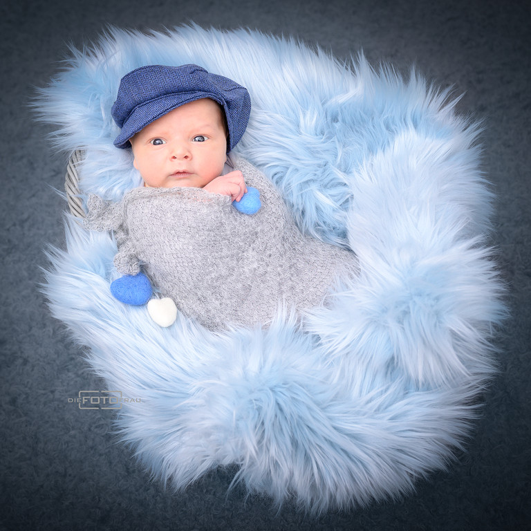 Neugeborenenfoto mit wachem Baby in blaues Fell gebettet, es trägt eine blaue Mütze